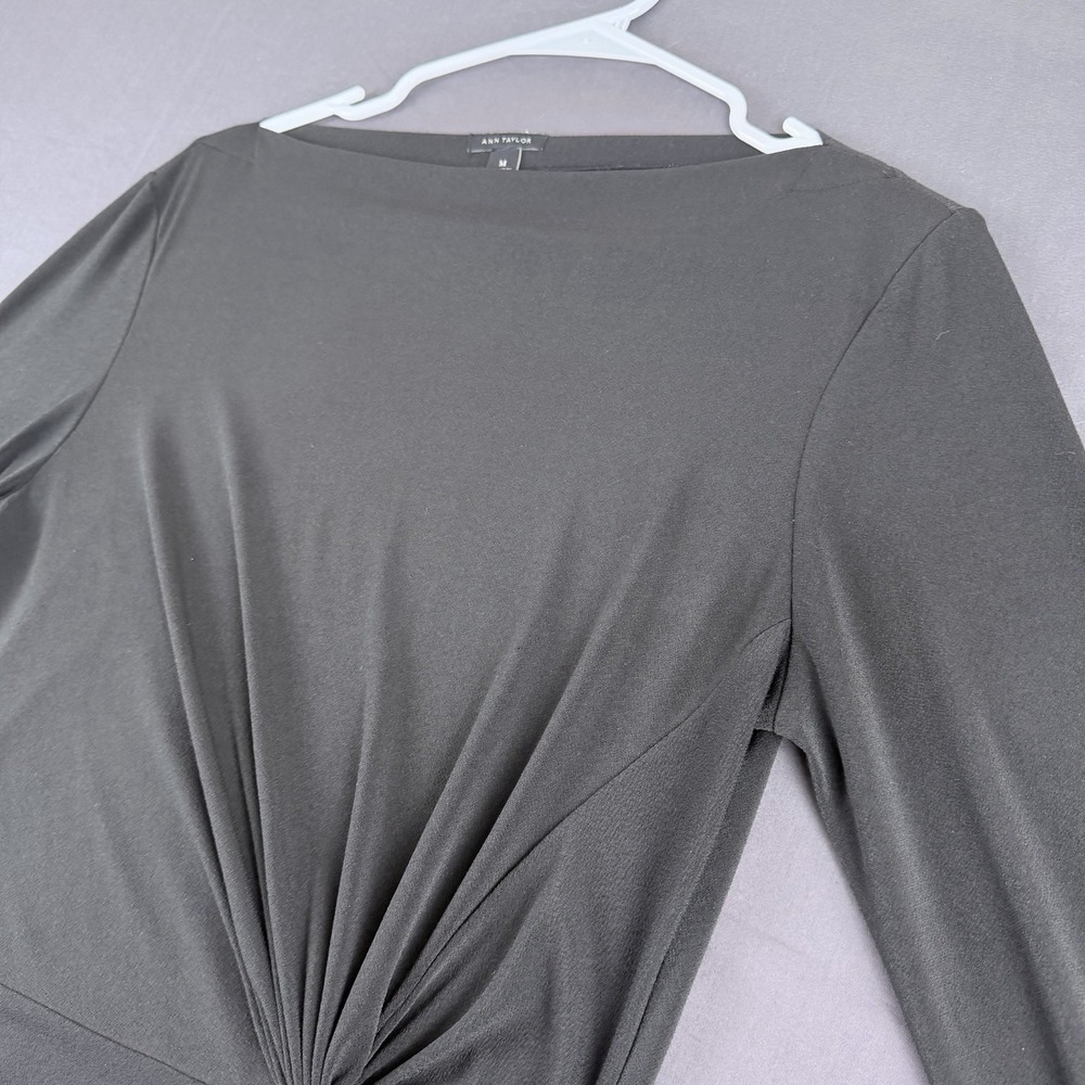 Ann Taylor Black Knit Boat Neck Twist Front Stretch Blouse M Long Sleeve